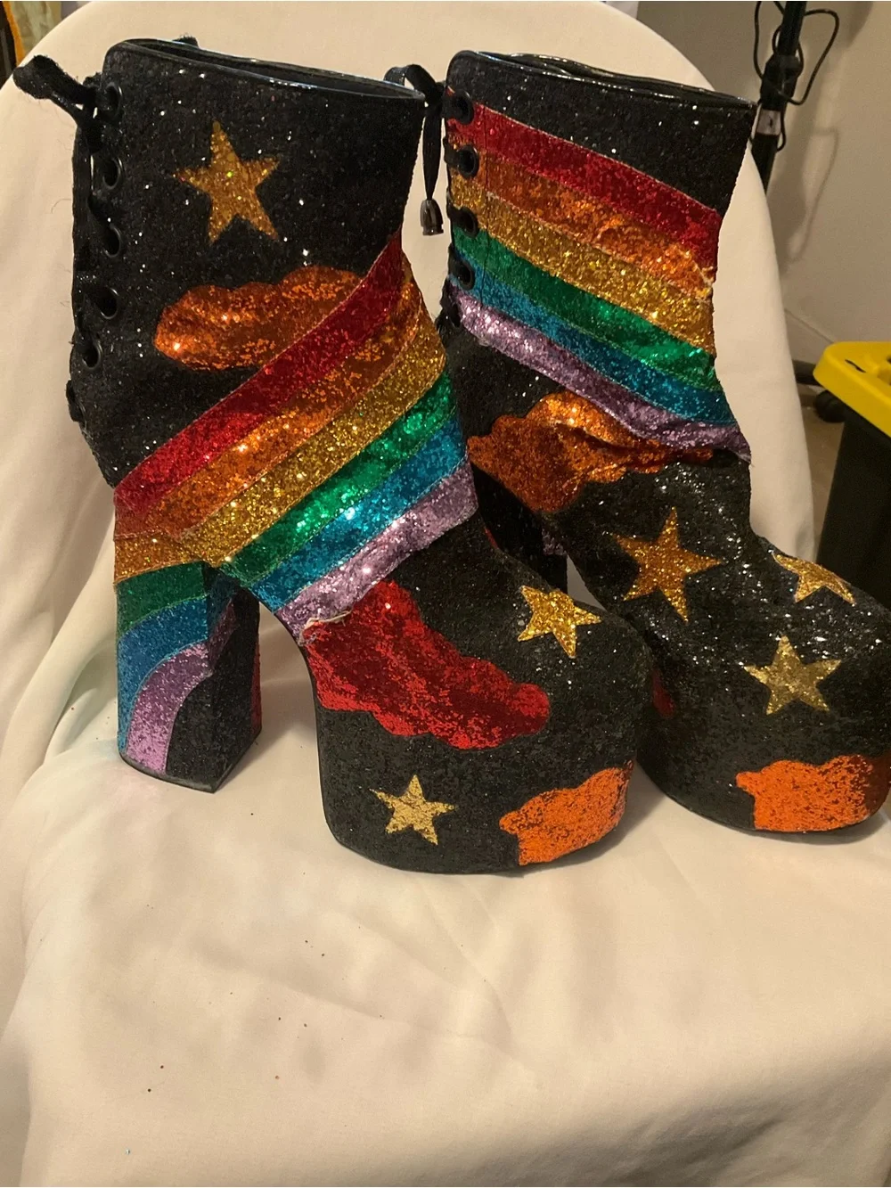 Dolls Kill Stars and Stripes black glitter platform lace back boots size 11
